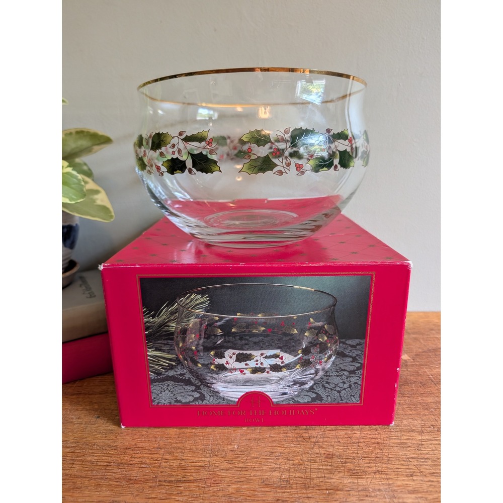 Rare in Box Home for the Holidays 8" Glass Bowl Holly Holiday Pattern Gold Rim